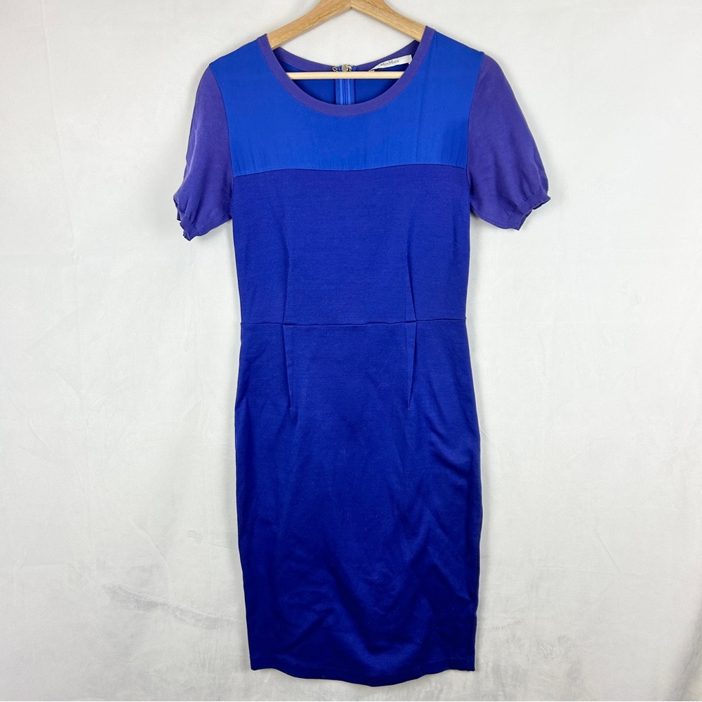 MAXMARA Silk Cotton Short Sleeve Fitted Midi Dress Size 6-8 Blue Purple